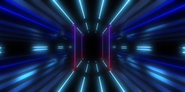 Üç boyutlu soyut arkaplan ve neon ışıkları. Neon tüneli. Uzay inşaatı. 3d illüstrasyon