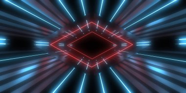Üç boyutlu soyut arkaplan ve neon ışıkları. Neon tüneli. Uzay inşaatı. 3d illüstrasyon