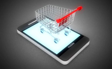 3D online alışveriş konsepti. Akıllı telefon dizüstü bilgisayarı ve el arabası. 3d illüstrasyon
