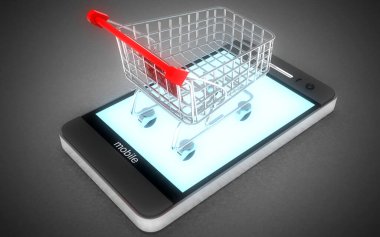 3D online alışveriş konsepti. Akıllı telefon dizüstü bilgisayarı ve el arabası. 3d illüstrasyon