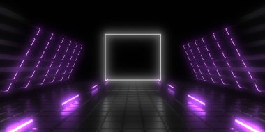 Üç boyutlu soyut arkaplan ve neon ışıkları. Neon tüneli. Uzay inşaatı. 3d illüstrasyon
