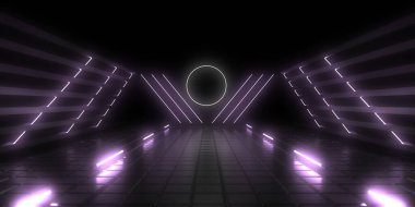 Üç boyutlu soyut arkaplan ve neon ışıkları. Neon tüneli. Uzay inşaatı. 3d illüstrasyon