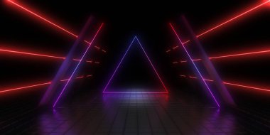 Üç boyutlu soyut arkaplan ve neon ışıkları. Neon tüneli. Uzay inşaatı. 3d illüstrasyon
