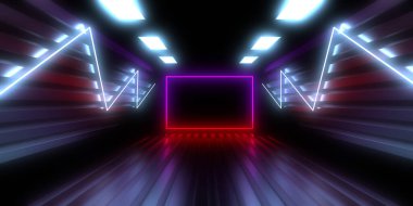 Üç boyutlu soyut arkaplan ve neon ışıkları. Neon tüneli. Uzay inşaatı. 3d illüstrasyon