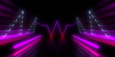 Üç boyutlu soyut arkaplan ve neon ışıkları. Neon tüneli. Uzay inşaatı. 3d illüstrasyon