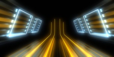 Üç boyutlu soyut arkaplan ve neon ışıkları. Neon tüneli. Uzay inşaatı. 3d illüstrasyon