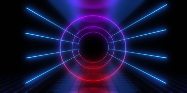 Üç boyutlu soyut arkaplan ve neon ışıkları. Neon tüneli. Uzay inşaatı. 3d illüstrasyon