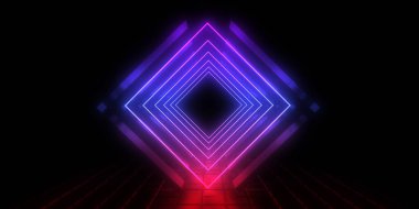 Üç boyutlu soyut arkaplan ve neon ışıkları. Neon tüneli. Uzay inşaatı. 3d illüstrasyon
