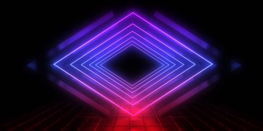 Üç boyutlu soyut arkaplan ve neon ışıkları. Neon tüneli. Uzay inşaatı. 3d illüstrasyon