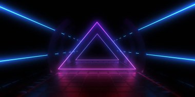 Üç boyutlu soyut arkaplan ve neon ışıkları. Neon tüneli. Uzay inşaatı. 3d illüstrasyon