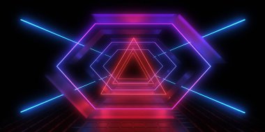 Üç boyutlu soyut arkaplan ve neon ışıkları. Neon tüneli. Uzay inşaatı. 3d illüstrasyon