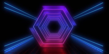 Üç boyutlu soyut arkaplan ve neon ışıkları. Neon tüneli. Uzay inşaatı. 3d illüstrasyon