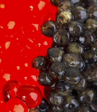 Tabakta siyah ve kırmızı havyar.