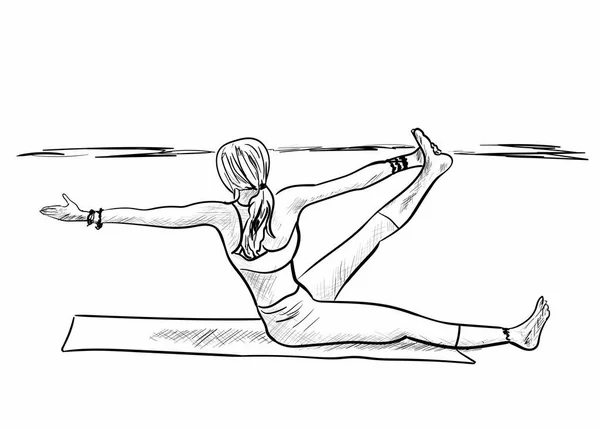 Schets Van Vrouw Het Strand Yoga — Stockvector