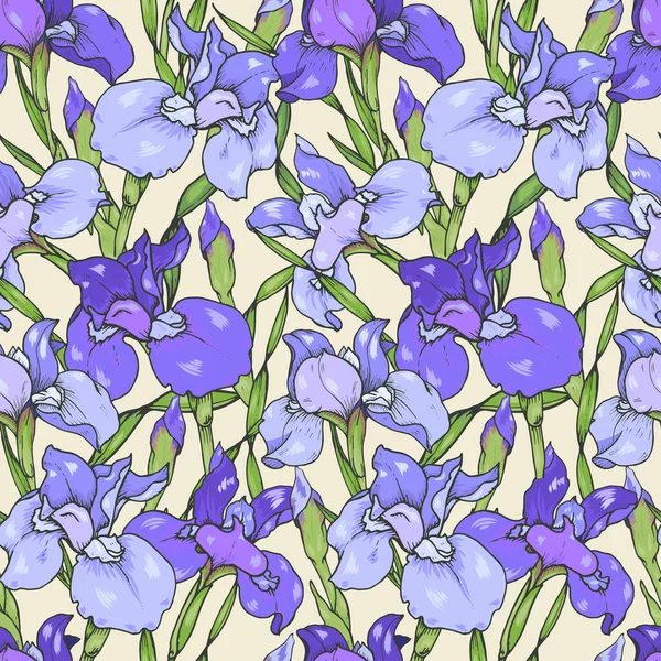 Iris flowers, purple and blue irises, seamless vector illustration