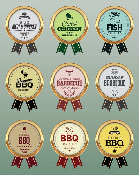 Set of BBQ badges with ribbon — Stock Vector