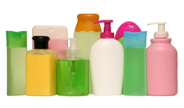 Gesloten cosmetische of hygiënische plastic fles van gel, lotion, crème, vloeibare zeep, shampoo. geïsoleerd op witte achtergrond. — Stockfoto