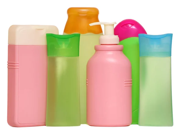 Stängda kosmetiska eller hygieniska plast flaska gel, flytande tvål, lotion, grädde, schampo. isolerad på vit bakgrund. — Stockfoto