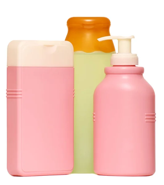 Κλειστό καλλυντικά και προϊόντα ατομικής υγιεινής πλαστικό μπουκάλι τζελ, υγρό σαπούνι, λοσιόν, κρέμα, σαμπουάν. απομονώνονται σε λευκό φόντο. — Φωτογραφία Αρχείου