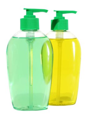 Temizlikçi beyaz arka planda izole edilmiş hijyen temizleyici plastik şişe. Kapalı Kozmetik veya Jel, Sıvı Sabun, Losyon, Krem, Şampuan.