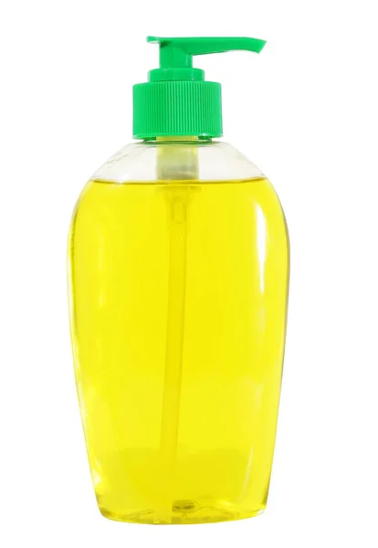 Гигиена дезинфицирующее средство Пластиковая бутылка с очистителем изолированы на белом фоне. Закрытый косметический или гель, жидкое мыло, лосьон, крем, шампунь . — стоковое фото
