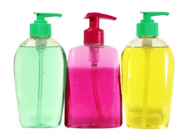 Temizlikçi beyaz arka planda izole edilmiş hijyen temizleyici plastik şişe. Kapalı Kozmetik veya Jel, Sıvı Sabun, Losyon, Krem, Şampuan.