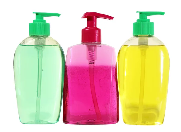 Higiene desinfectante botella de plástico con limpiador aislado sobre fondo blanco. Cosmética cerrada o de gel, jabón líquido, loción, crema, champú . Imagen de stock