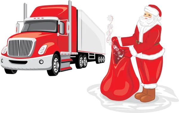 Weihnachtsmann mit einem Sack voller Geschenke. Weihnachtszustellung — Stockvektor