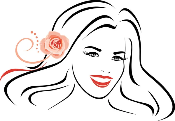 Όμορφη γυναίκα με ροζ rose στα μαλλιά της. Περίγραμμα πορτρέτο — Διανυσματικό Αρχείο