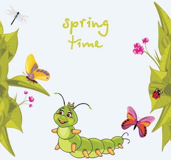 Cartoon smiling caterpillar among butterflies — Stock Vector
