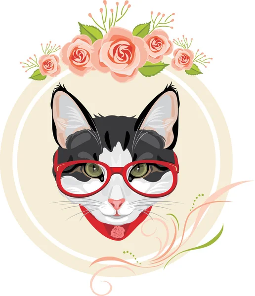 Dekorrahmen mit rosa Rosen und Porträt einer lustigen Katze mit roter Brille — Stockvektor