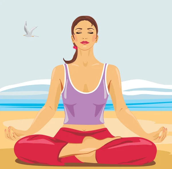 Beautiful woman meditating on the beach — Stock Vector