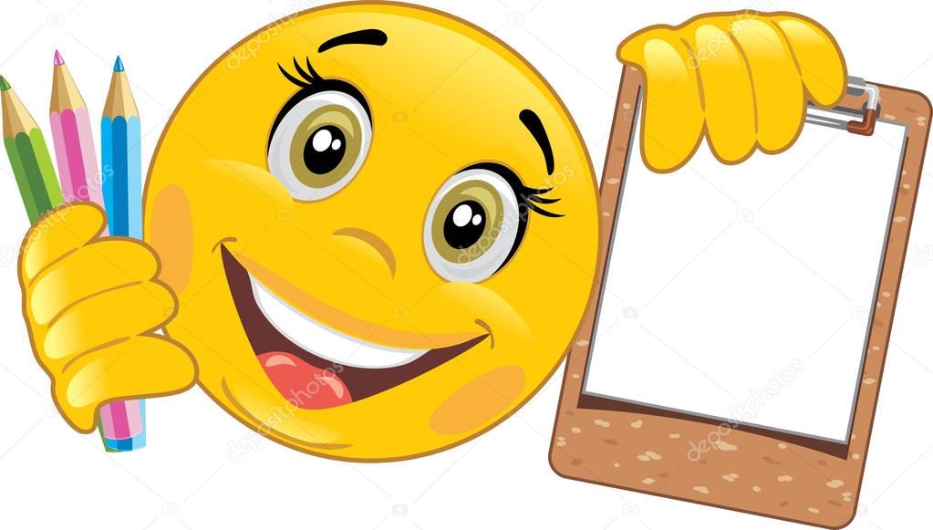 Smiley with wooden clipboard and colored pencils — Stock Vector