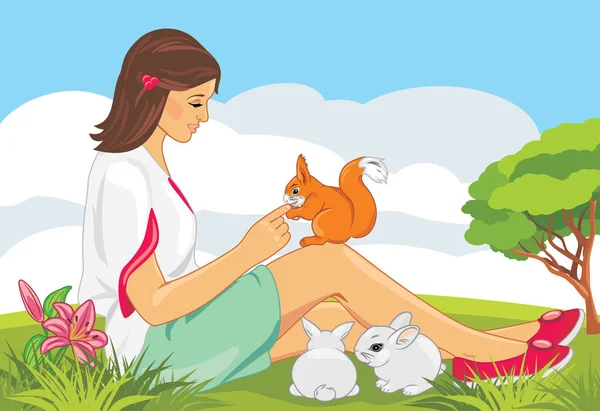 Cute girl playing with squirrel and rabbits — Stock Vector