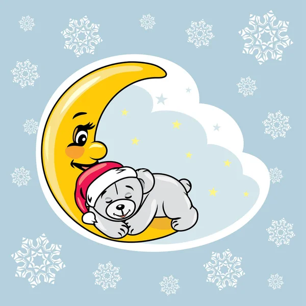 Osito de peluche dormido en la luna. Diseño del álbum de Navidad — Vector de stock