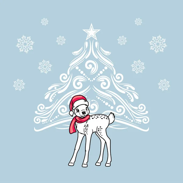 Lindo Ciervo Cerca Del Árbol Navidad Tarjeta Felicitación Ilustración Vectorial — Vector de stock