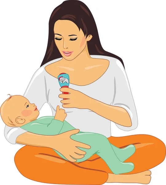 Mutter Und Baby Spielen Mit Rassel — Stockvektor