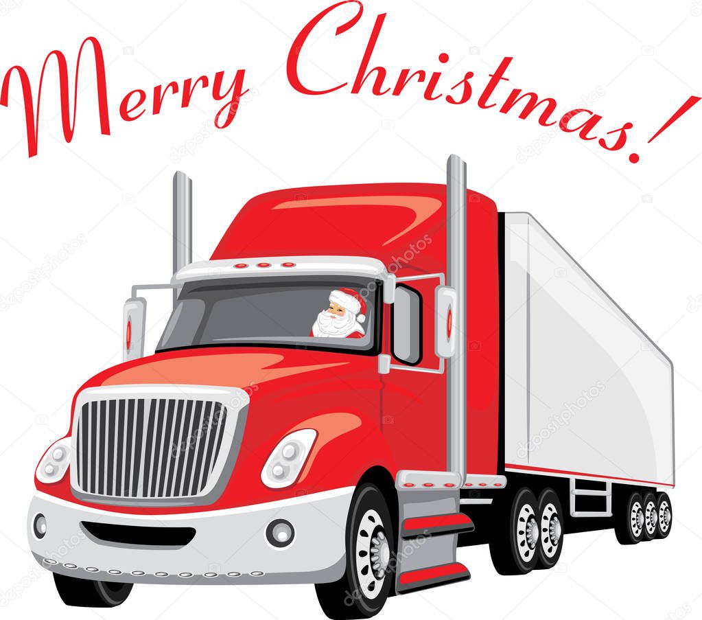 Red truck with Santa Claus on board. Christmas delivery