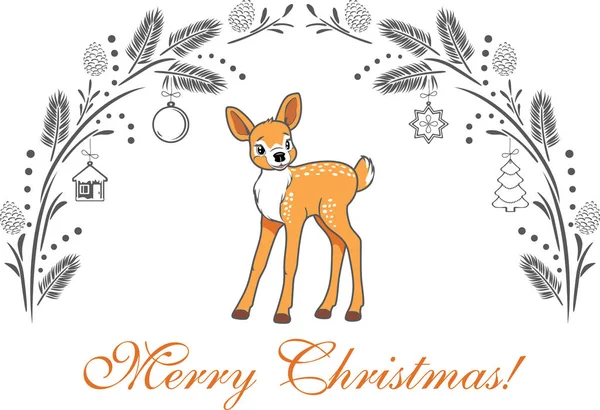 Christmas Greeting Card Cute Baby Deer — Stock Vector