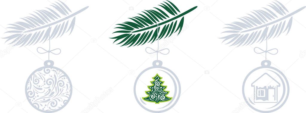 Set Christmas Toys Spruce Twigs Isolated White Vintage Design Stock Illustration
