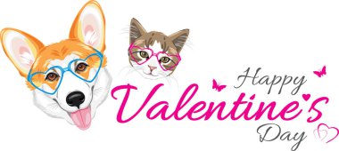 Mutlu Galler Corgi 'si ve kalp şeklinde sevimli bir kedi. Sevgililer Günü için Şenlikli Tasarım
