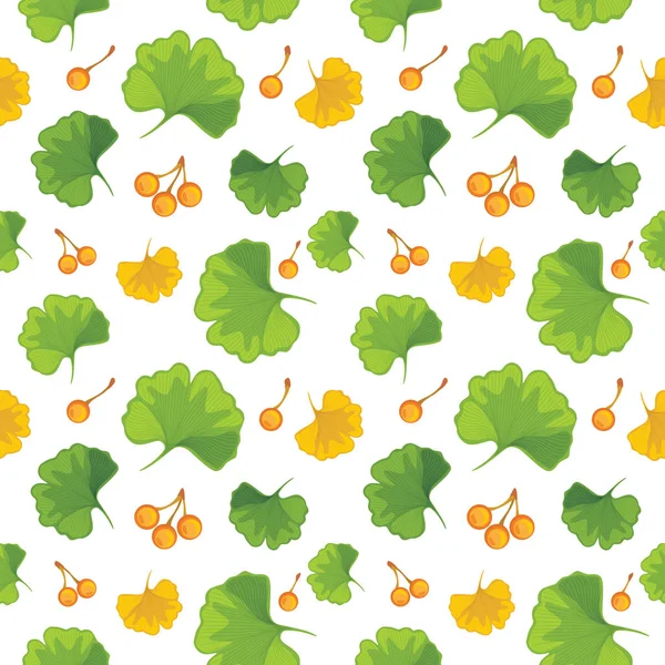 Ginkgo Biloba Leaves Nuts White Background Seamless Pattern Design — 스톡 벡터