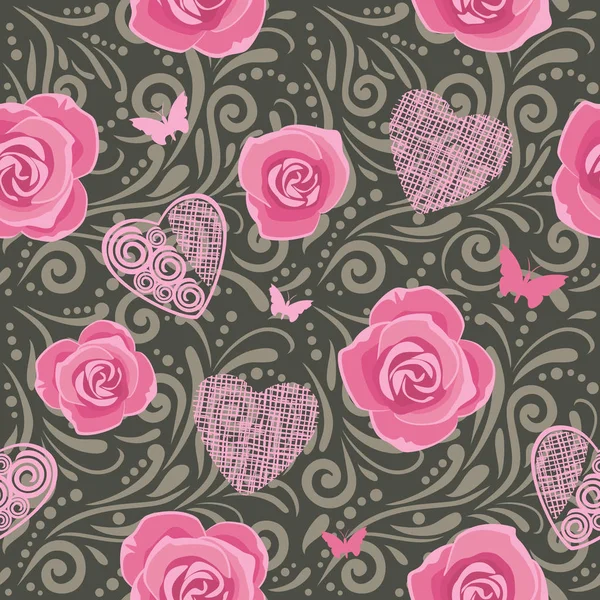 ピンクのバラと心とダークグレーのシームレスな装飾パターン — ストックベクタ