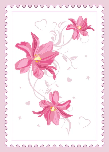 Beautiful Pink Tulips Postal Frame Postcard Design — Stock Vector