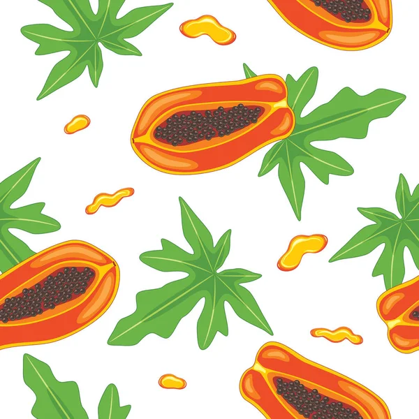 有叶子和果汁的木瓜 无缝隙背景 — 图库矢量图片