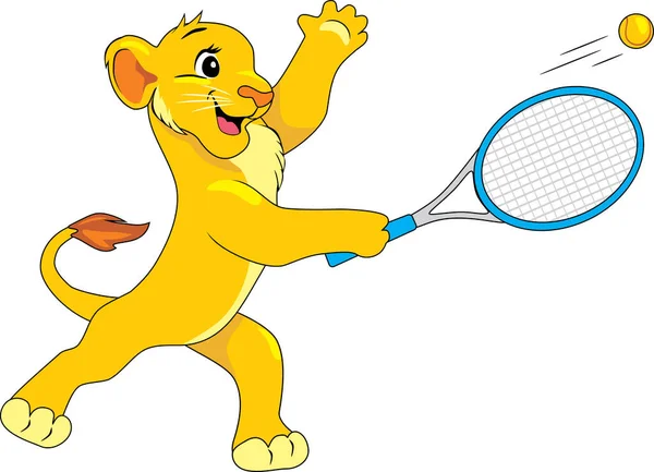 Happy Lion Cub Plays Tennis — Stock Vector