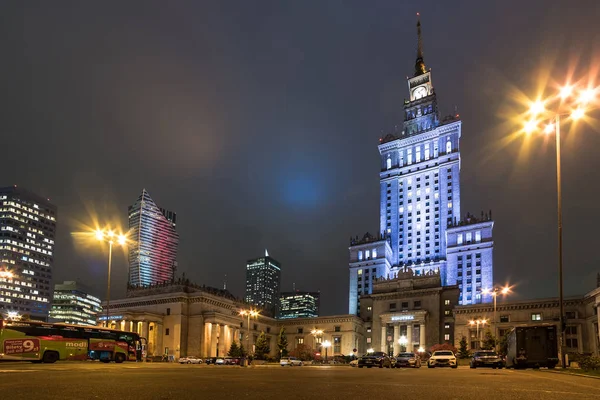 Warsaw Polonia Noviembre 2019 Vista Nocturna Del Palacio Cultural Varsovia — Foto de Stock