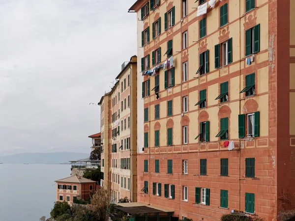 Színes Mediterrán Riviéra Part Panorámás Kilátás Camogli Város Liguria Olaszország — Stock Fotó