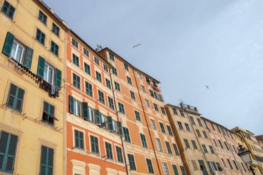 Manzaralı Akdeniz Riviera Sahili. İtalya 'nın Liguria kentindeki Camogli kasabasının panoramik manzarası