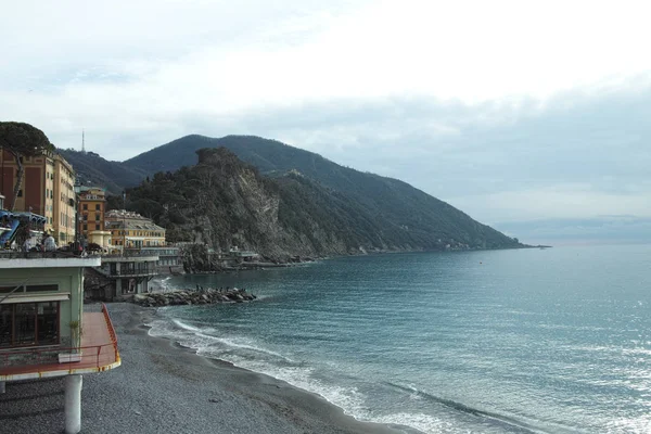 Színes Mediterrán Riviéra Part Panorámás Kilátás Camogli Város Liguria Olaszország — Stock Fotó